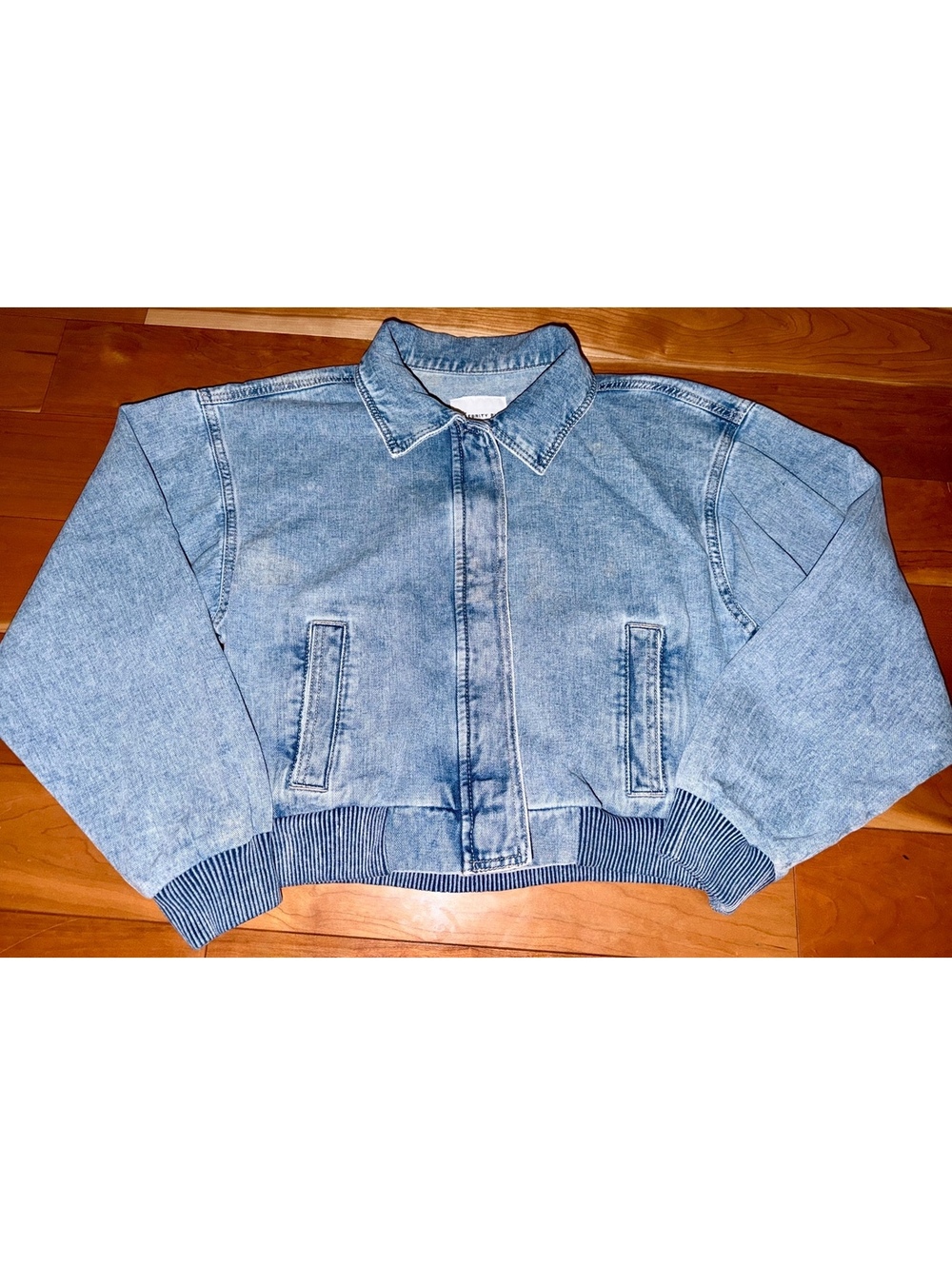 Celebrity Pink Medium Light Wash Denim Jacket with Snap Buttons and Ribbed Hem